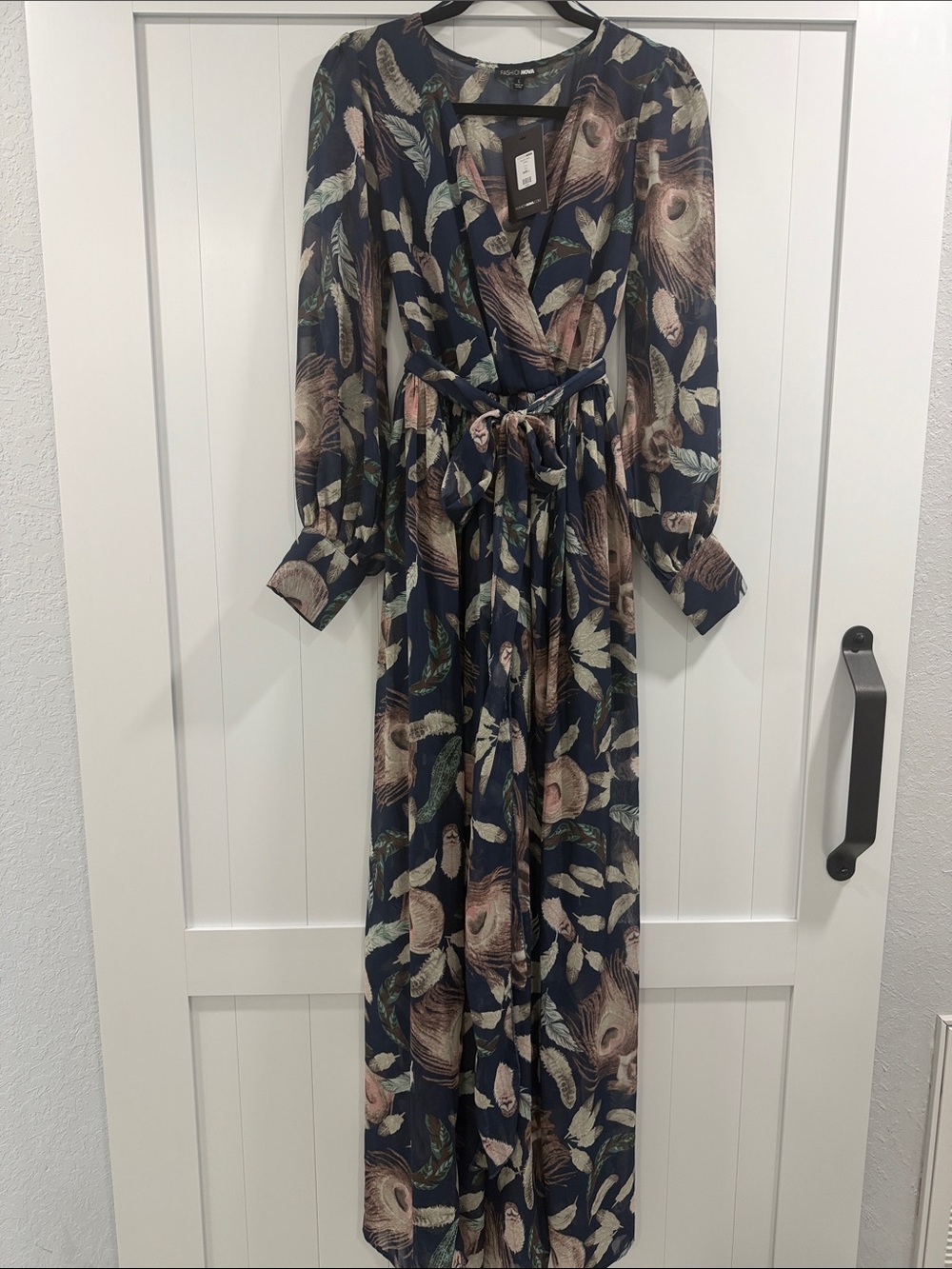 Fashion Nova Navy Maxi Dress with Feather & Floral Motif
